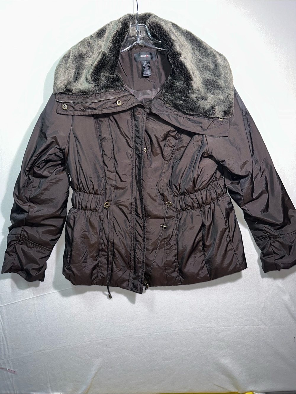 Style & Co Brown Faux Fur Collar Hooded Jacket Coat L